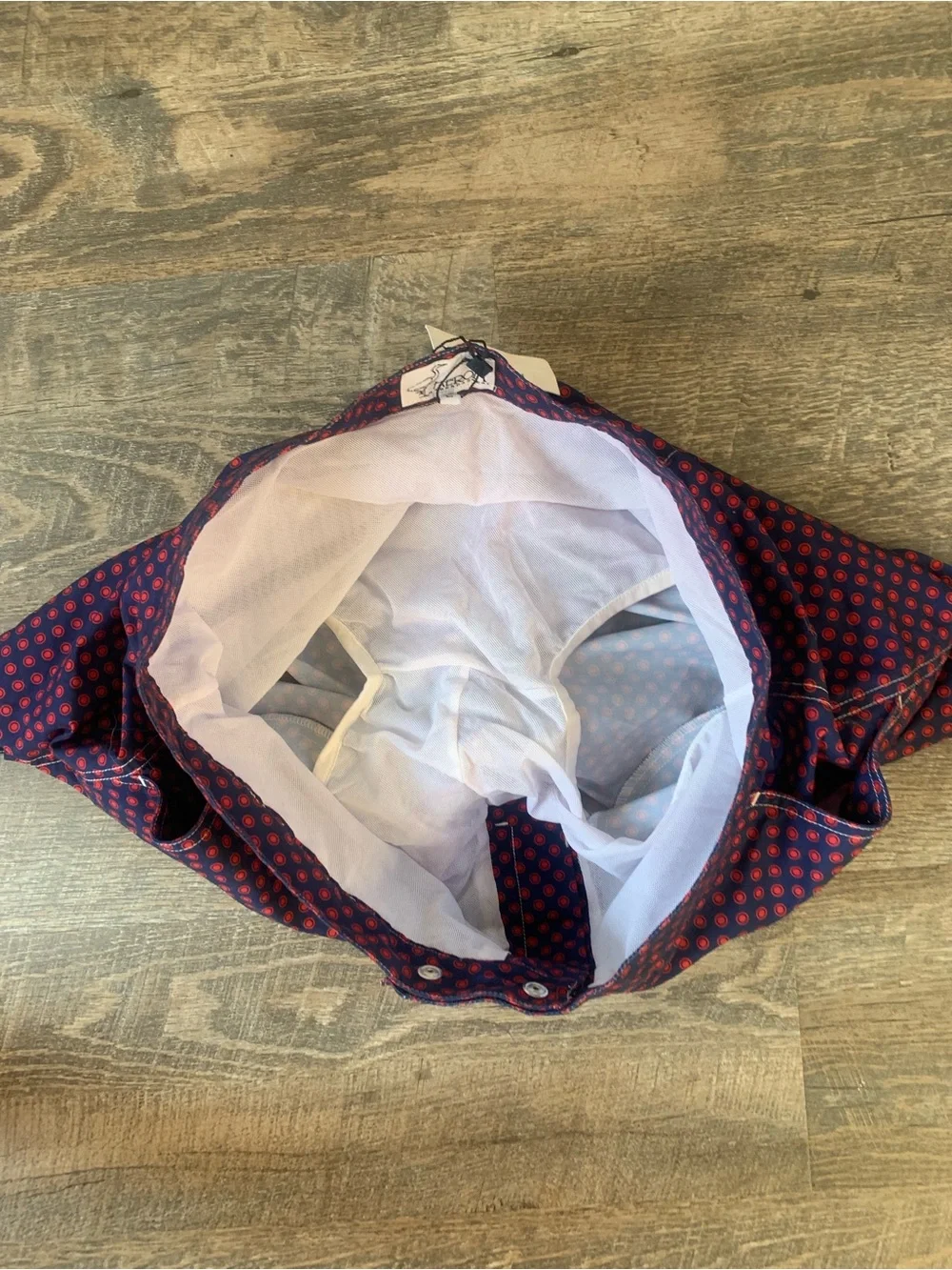 Heron Haberdashery Navy Swim Shorts with Red Dot Print